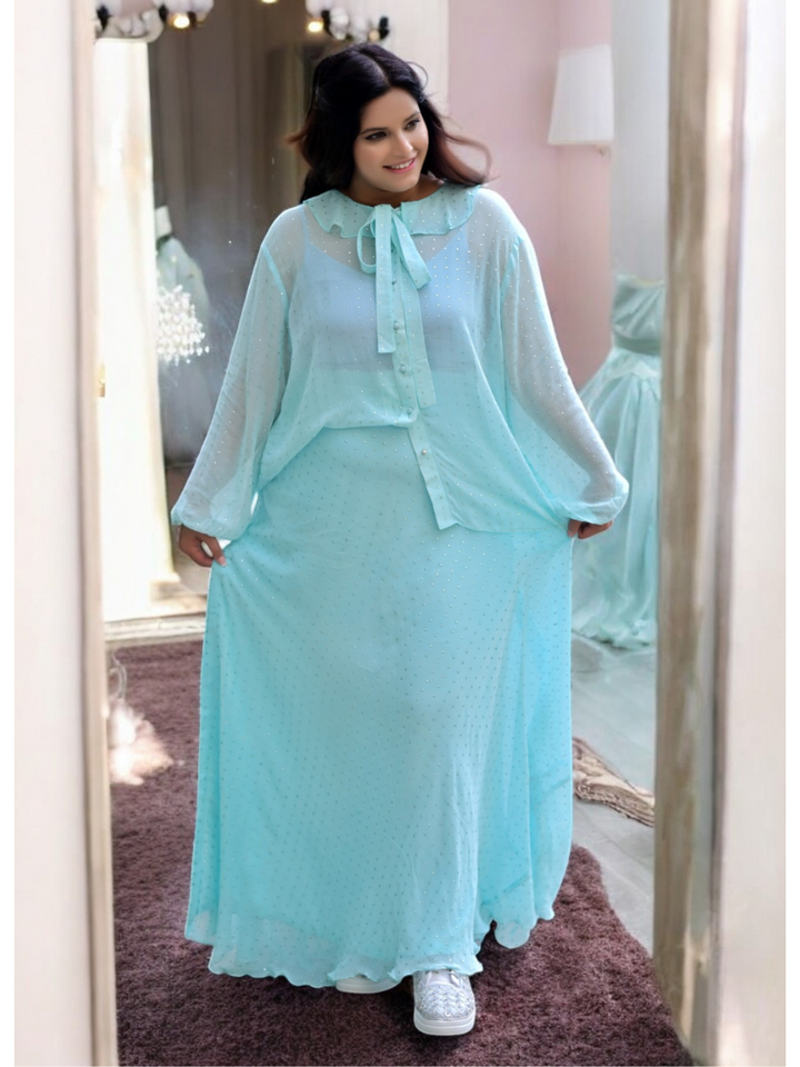 Breezy Elegance Georgette Skirt Set, blue green skirt set, georgette co ord set, sky blue set