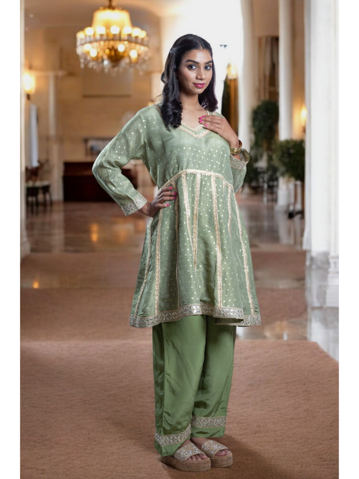 Graceful Embroidered Kurti Set, chanderi silk co ord set, olive green co ord set, party wear co ord
