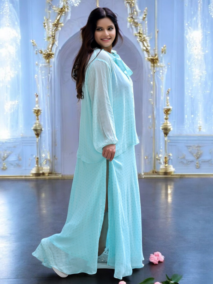 Breezy Elegance Georgette Skirt Set, blue green skirt set, georgette co ord set, sky blue set