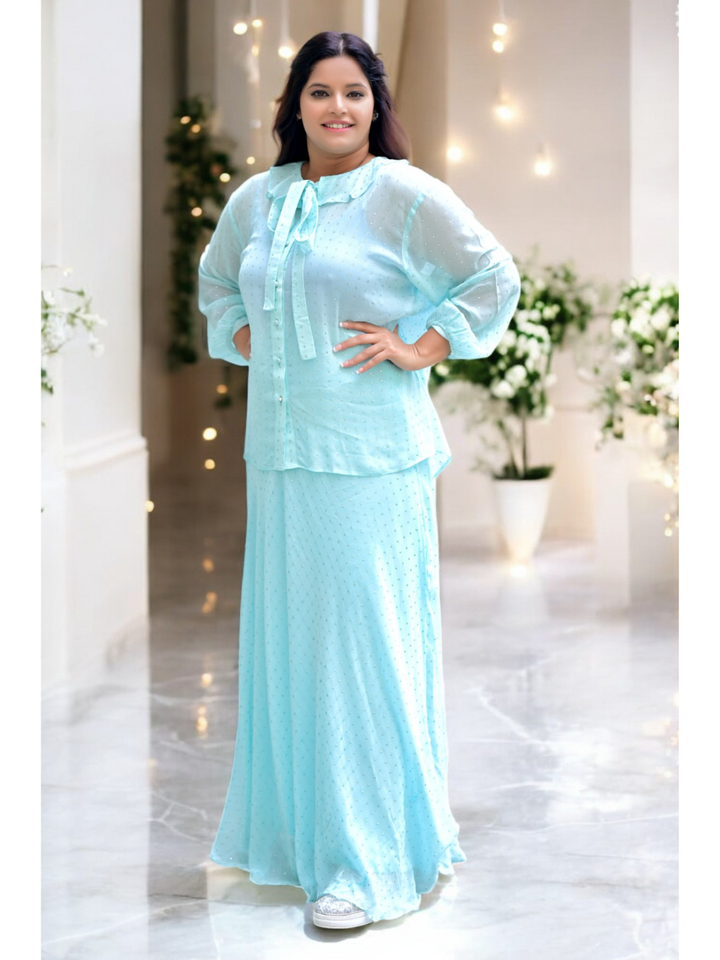 Breezy Elegance Georgette Skirt Set, blue green skirt set, georgette co ord set, sky blue sett