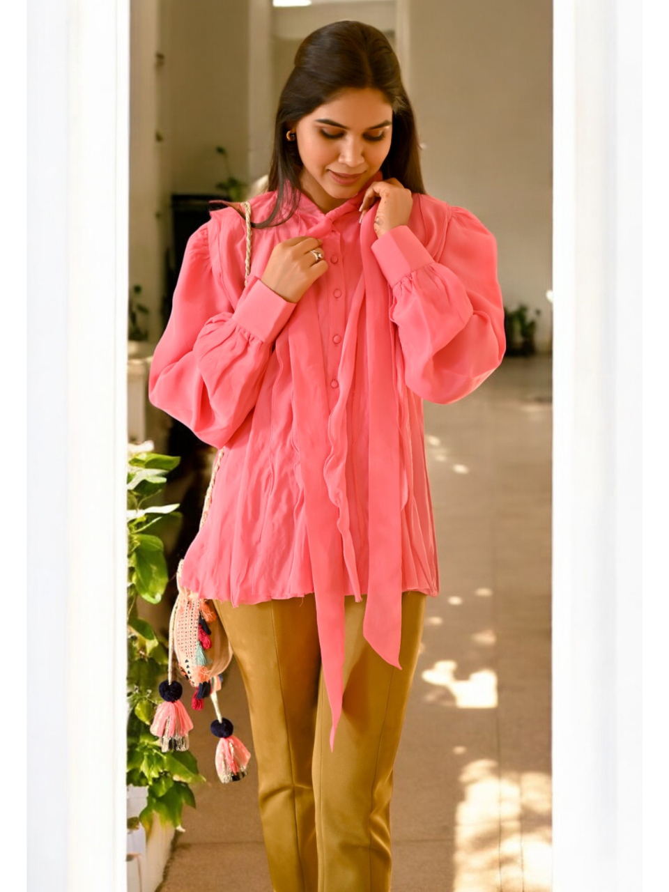  Pink Blossom Tie-Up Shirt, viscose shirts for women, pink shirts, tie-up shirts