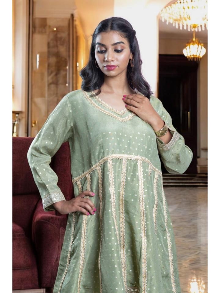 Graceful Embroidered Kurti Set, chanderi silk co ord set, olive green co ord set, party wear co ord
