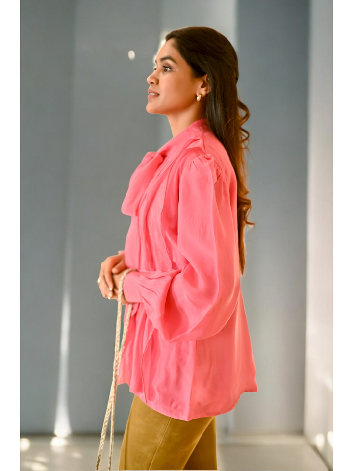  Pink Blossom Tie-Up Shirt, viscose shirts for women, pink shirts, tie-up shirts