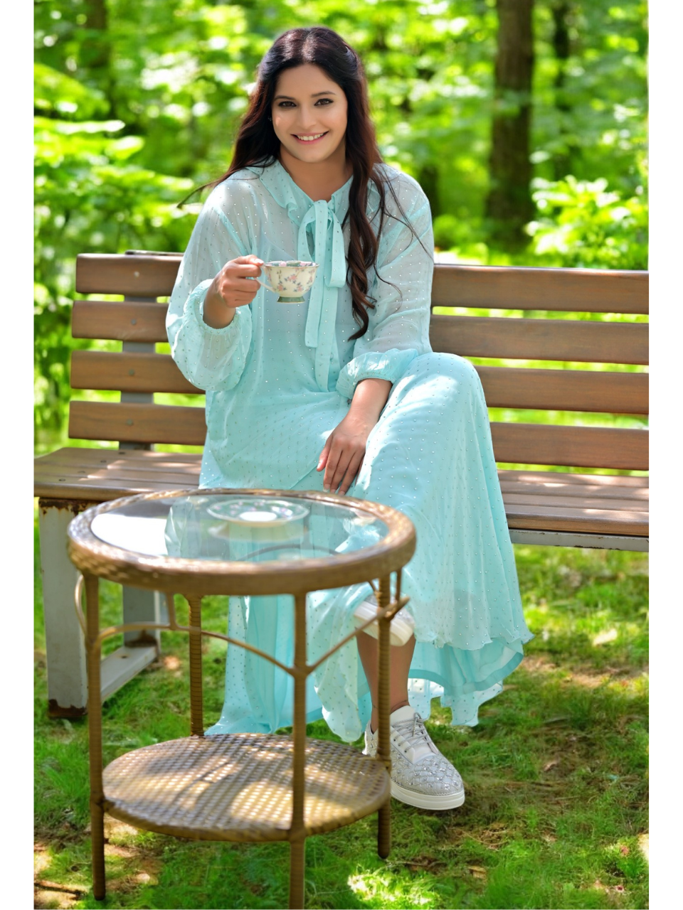 Breezy Elegance Georgette Skirt Set, blue green skirt set, georgette co ord set, sky blue set