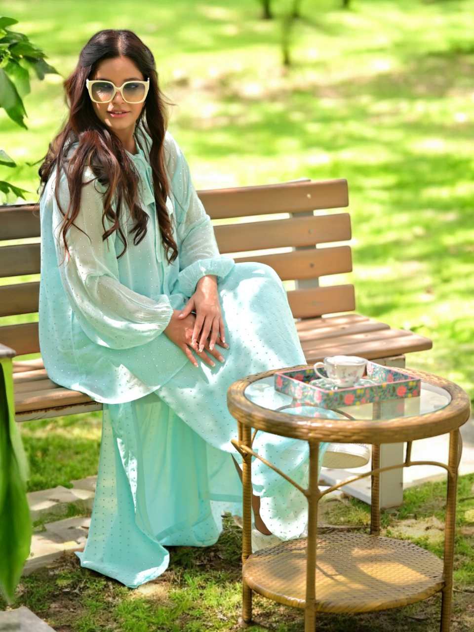 Breezy Elegance Georgette Skirt Set, blue green skirt set, georgette co ord set, sky blue set