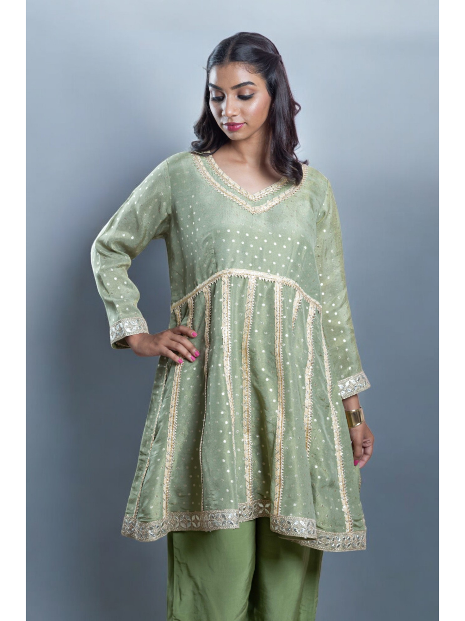 Graceful Embroidered Kurti Set, chanderi silk co ord set, olive green co ord set, party wear co ord
