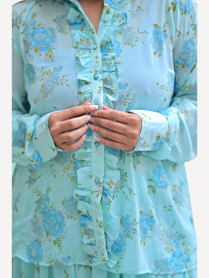 Azure Blue Grace Shirt Set, georgette set, skirt set, sky blue co ord