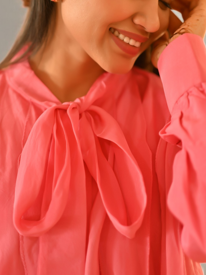  Pink Blossom Tie-Up Shirt, viscose shirts for women, pink shirts, tie-up shirts