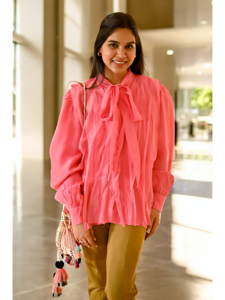  Pink Blossom Tie-Up Shirt, viscose shirts for women, pink shirts, tie-up shirts