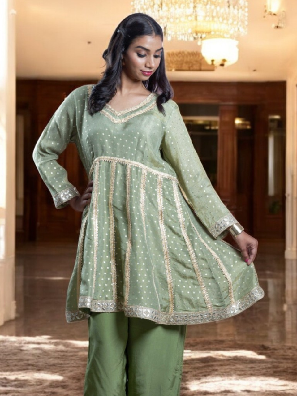 Graceful Embroidered Kurti Set, chanderi silk co ord set, olive green co ord set, party wear co ord
