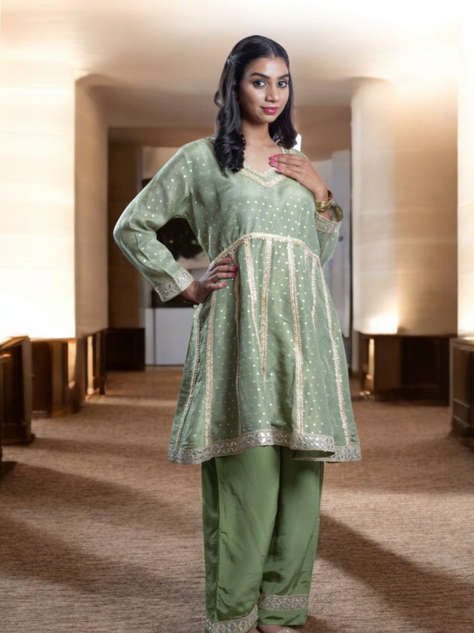 Graceful Embroidered Kurti Set, chanderi silk co ord set, olive green co ord set, party wear co ord
