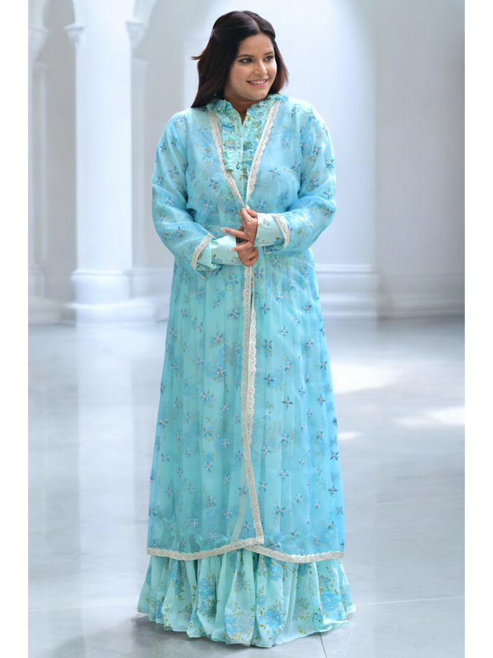 Mystic Blue Chanderi Shrug, blue shrug, chanderi shrug, embroidered shrug
