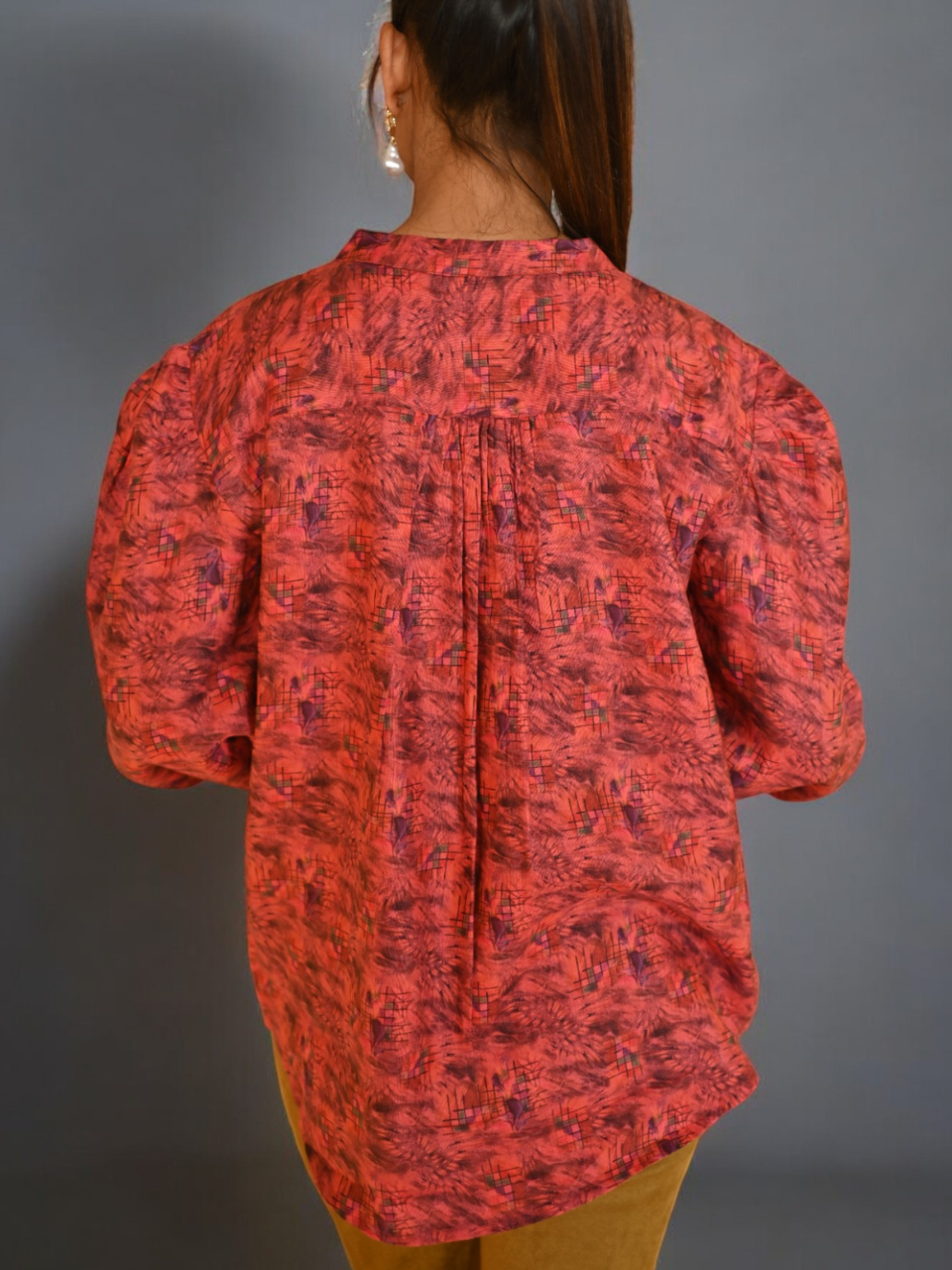 Rustic Geometry Linen Shirt, linen shirts for women, red shirts, printed shirts
