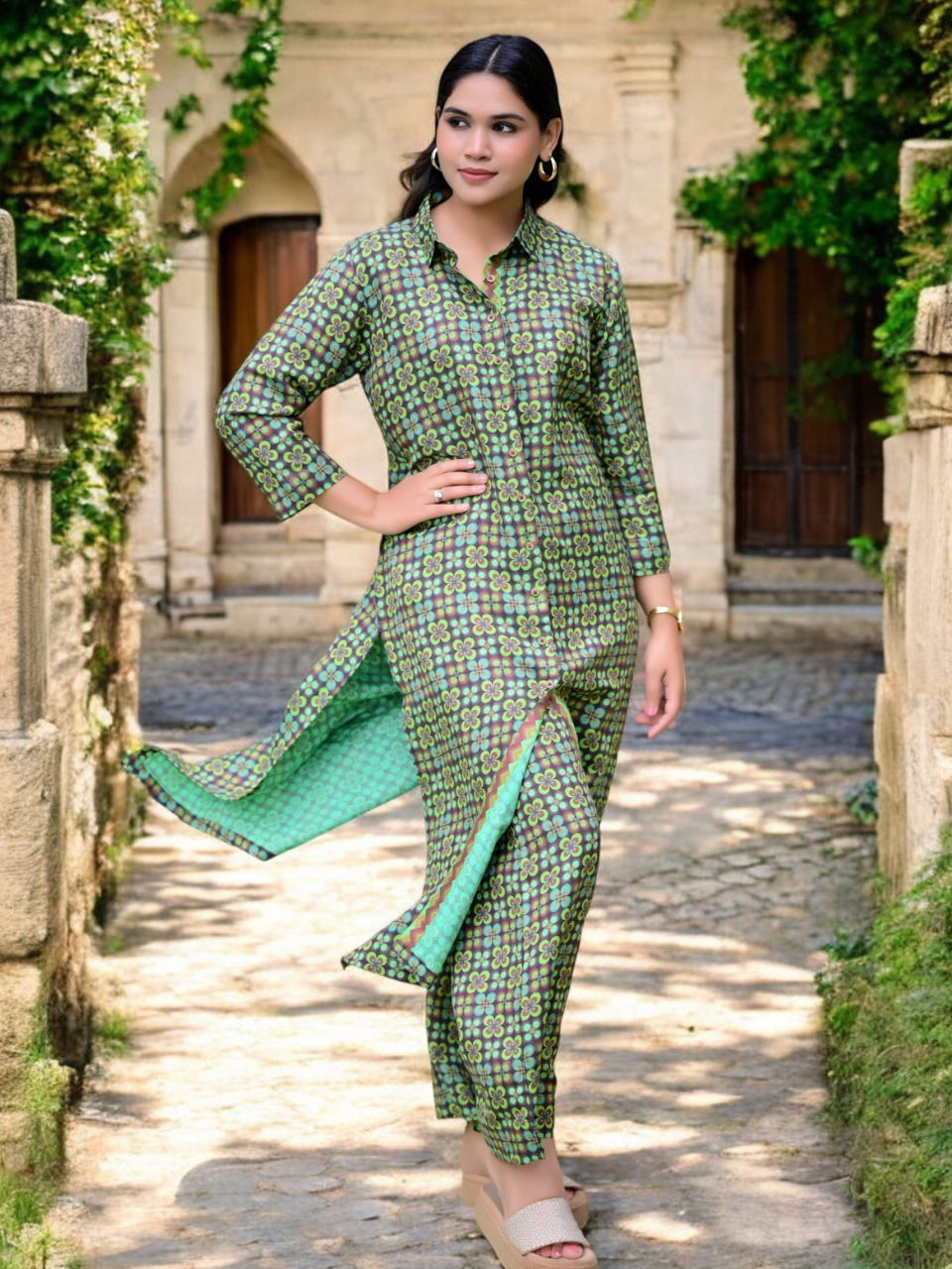 Emerald Bloom A Shirt Set, viscose linen co ord set, green co cord set