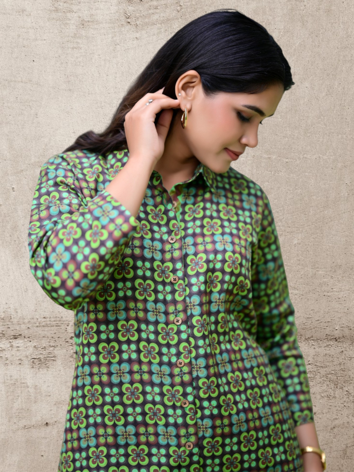 Emerald Bloom A Shirt Set, viscose linen co ord set, green co cord set