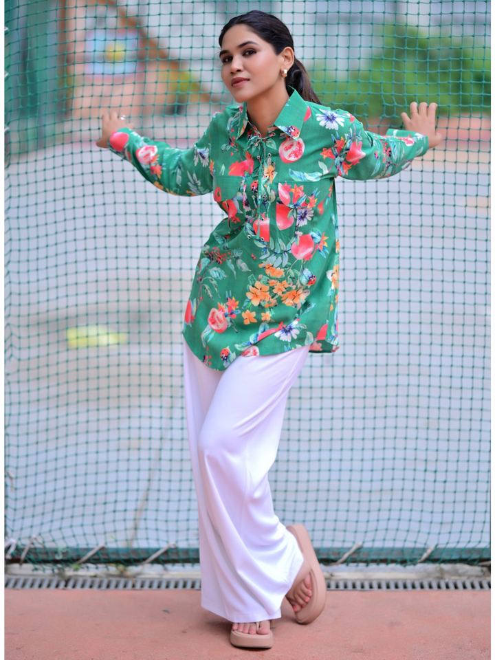 Serene Crisscross A Lace Shirt, viscose shirts, printed shirts, green shirts