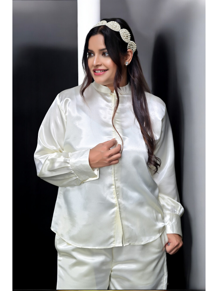 Pearl Glow Satin Set, satin set, white co-ord, shirt set
