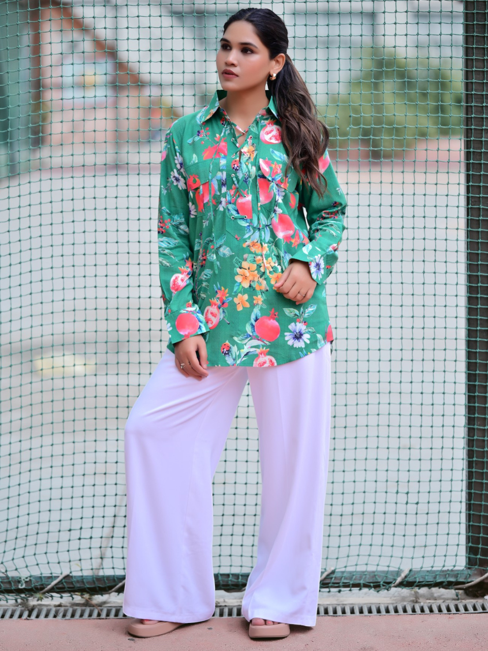 Serene Crisscross A Lace Shirt, viscose shirts, printed shirts, green shirts