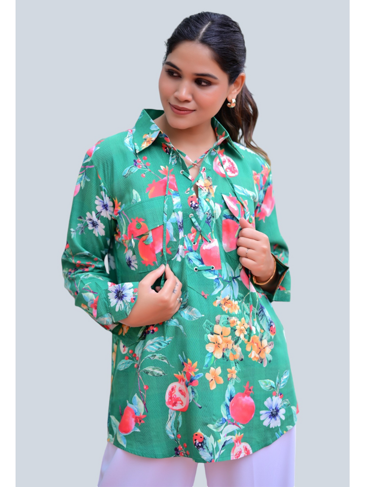 Serene Crisscross A Lace Shirt, viscose shirts, printed shirts, green shirts