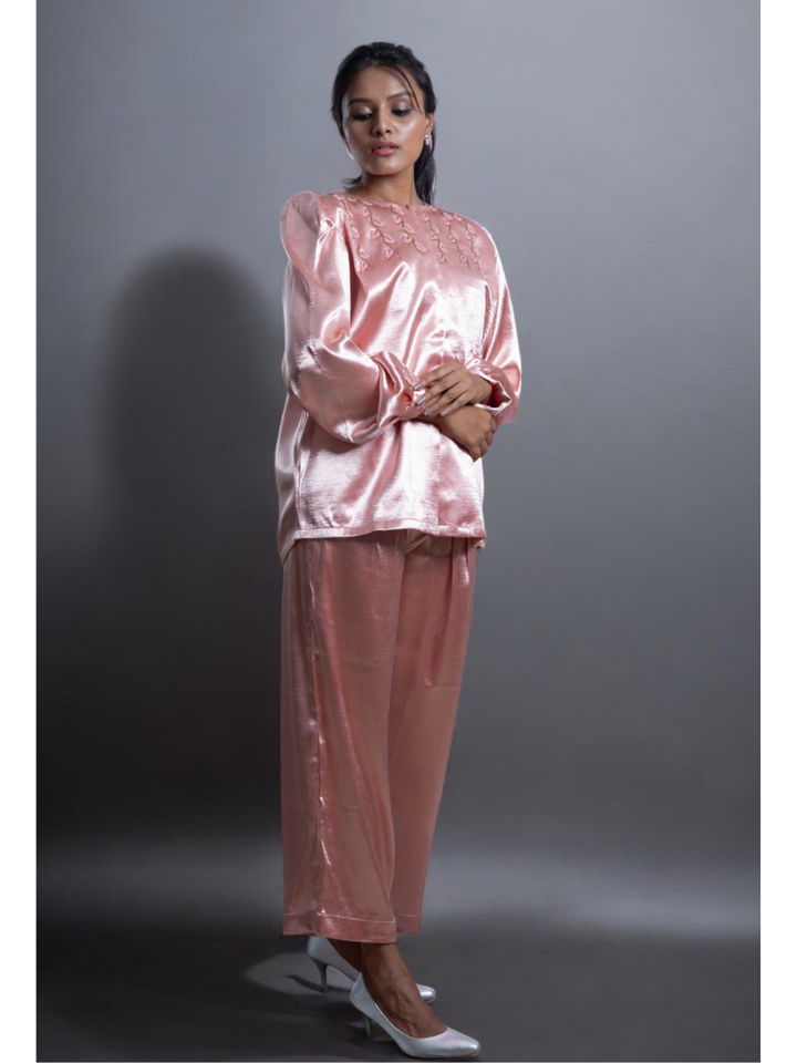 Blush satin Radiance Set, satin co ord set, pink co ord set, party wear co ord
