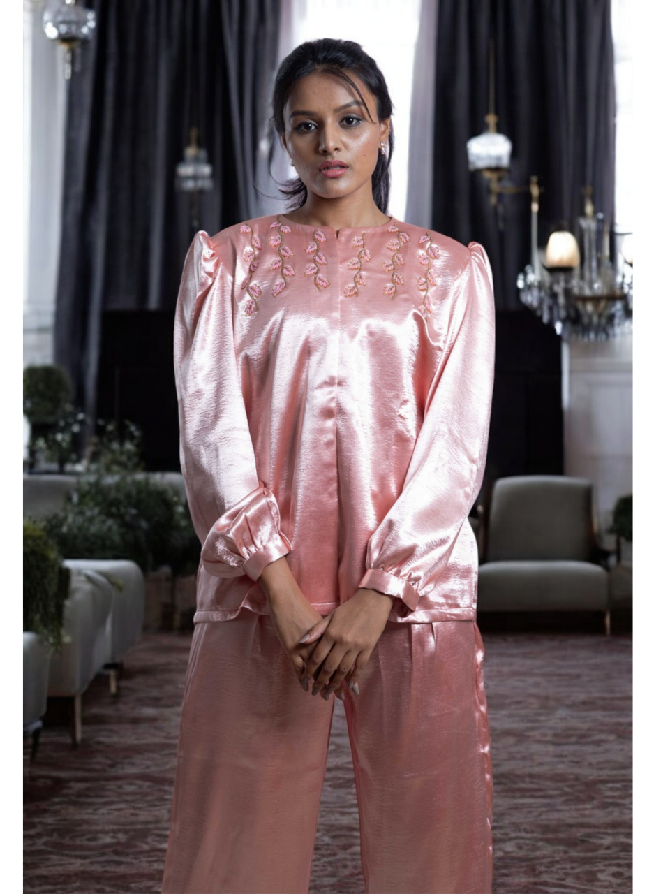 Blush satin Radiance Set, satin co ord set, pink co ord set, party wear co ord
