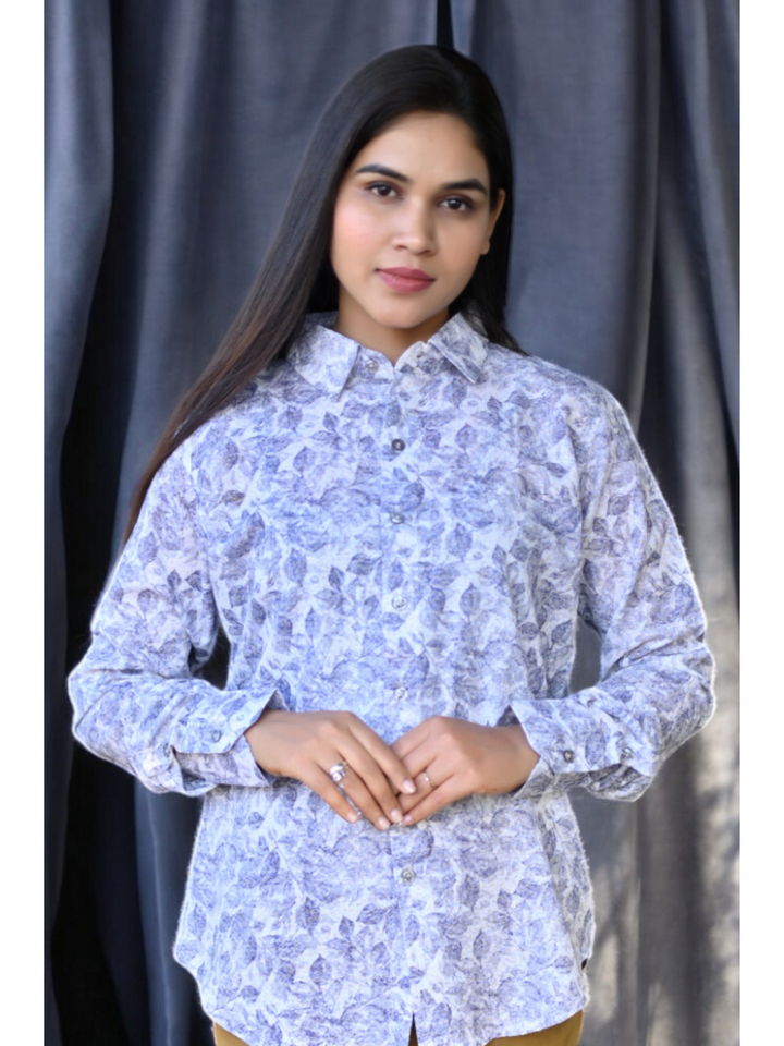 Serene Floral Linen Shirt, linen shirts for women, white shirts, printed shirts