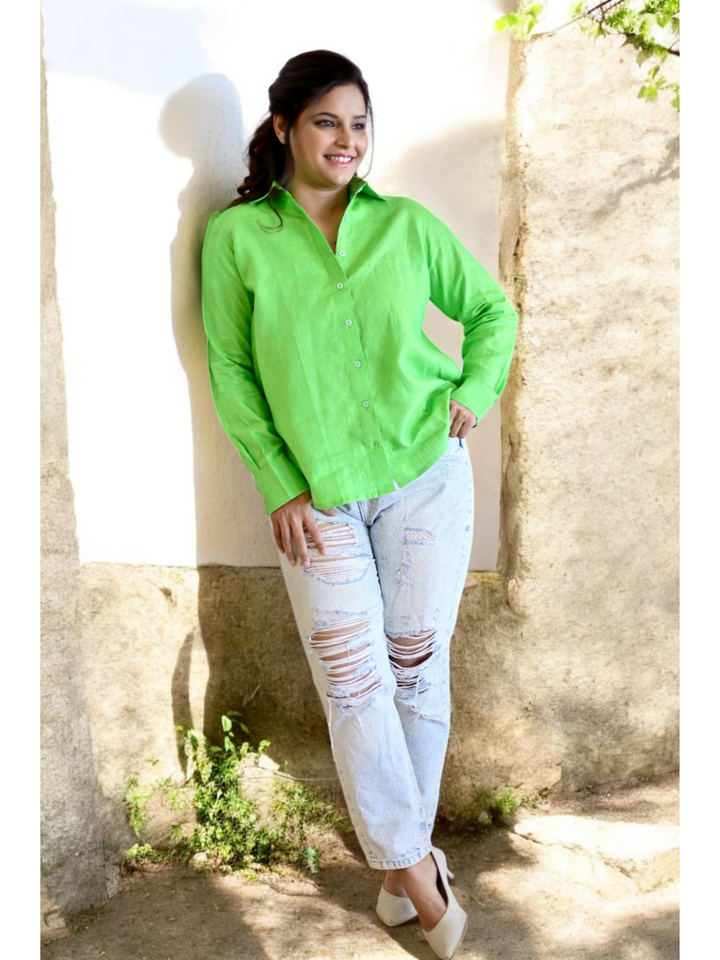 Green Pure Linen Shirt, pure linen shirts for women, 60 lea linen shirt for women, green shirts
