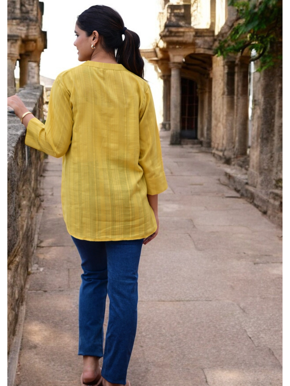 Golden Weave Mustard Kurti Top, dabu cotton top, mustard top