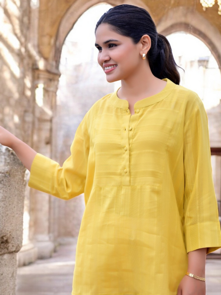 Golden Weave Mustard Kurti Top, dabu cotton top, mustard top