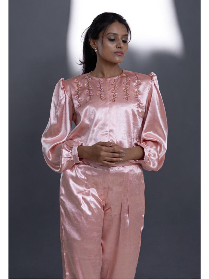 Blush satin Radiance Set, satin co ord set, pink co ord set, party wear co ord
