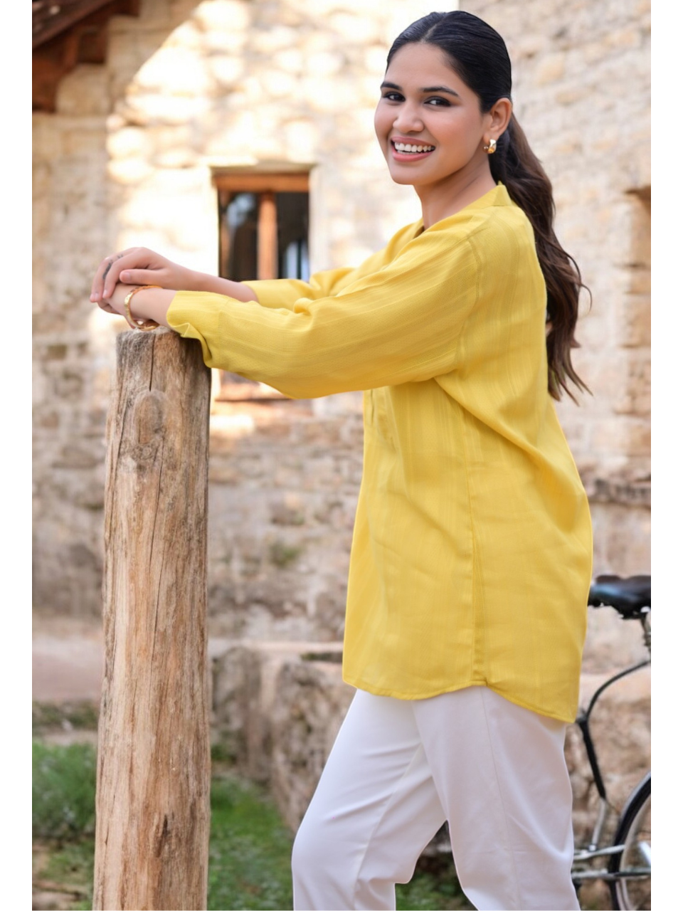 Golden Weave Mustard Kurti Top, dabu cotton top, mustard top