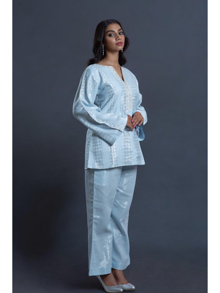  Radiant Sky Blue Set, chanderi co ord set, sky blue co ord set, party wear co ord
