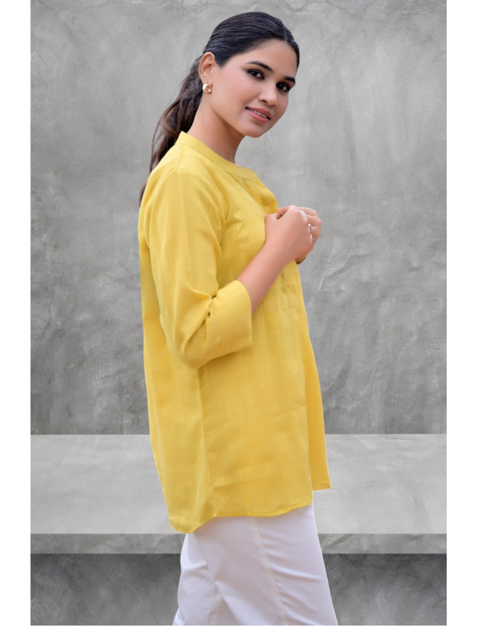 Golden Weave Mustard Kurti Top, dabu cotton top, mustard top