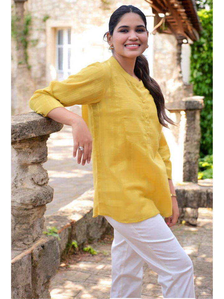 Golden Weave Mustard Kurti Top, dabu cotton top, mustard top