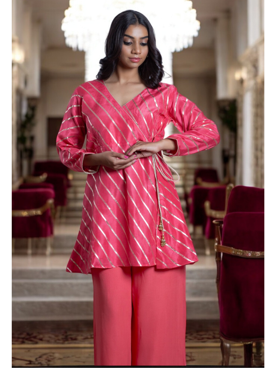 Pink Radiance Kurti Set, chanderi silk co ord set, pink set, party wear co ord
