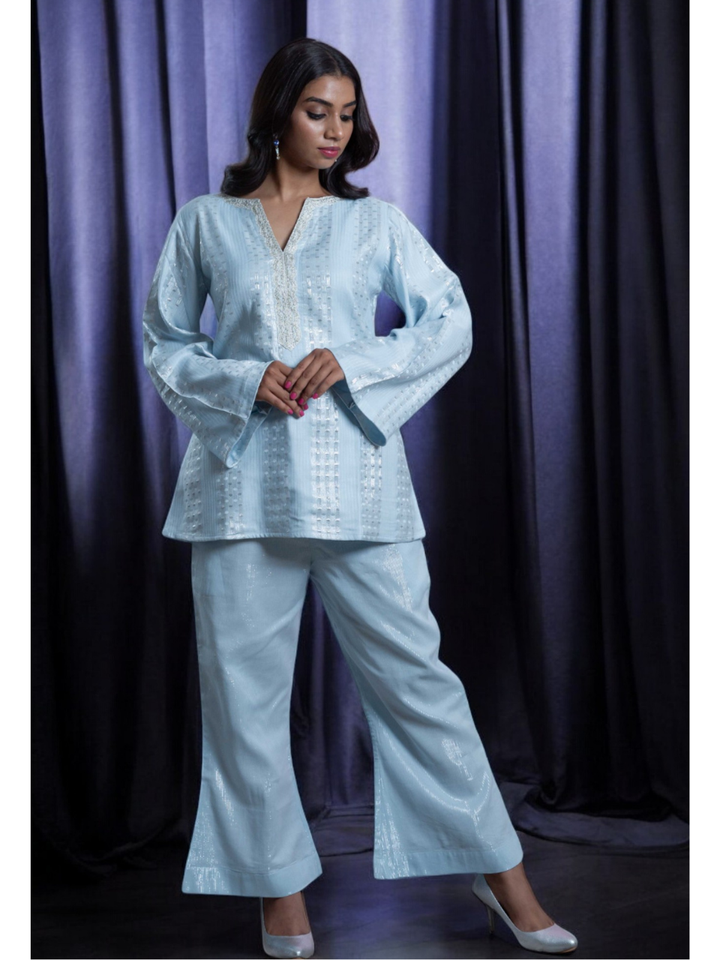  Radiant Sky Blue Set, chanderi co ord set, sky blue co ord set, party wear co ord
