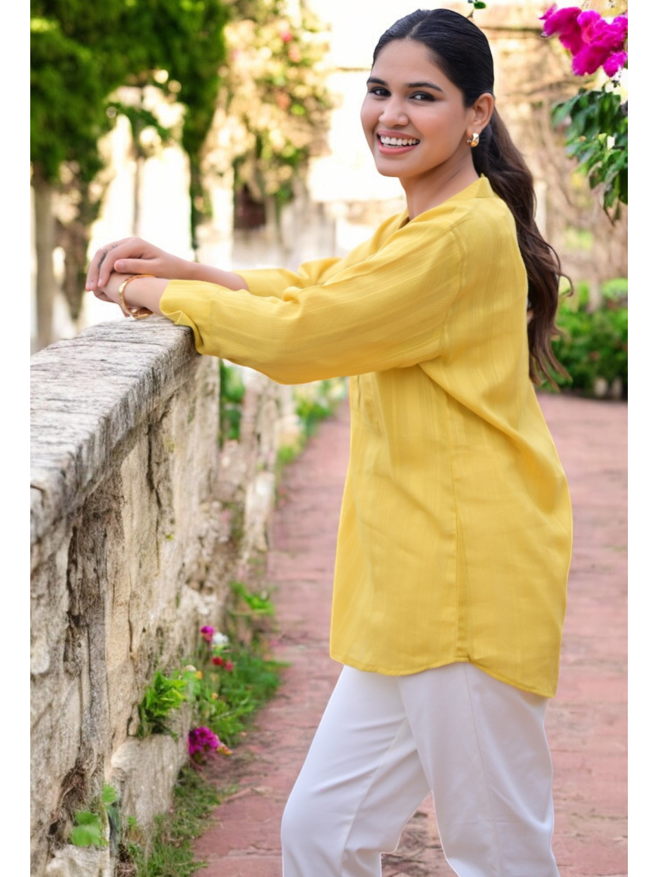 Golden Weave Mustard Kurti Top, dabu cotton top, mustard top