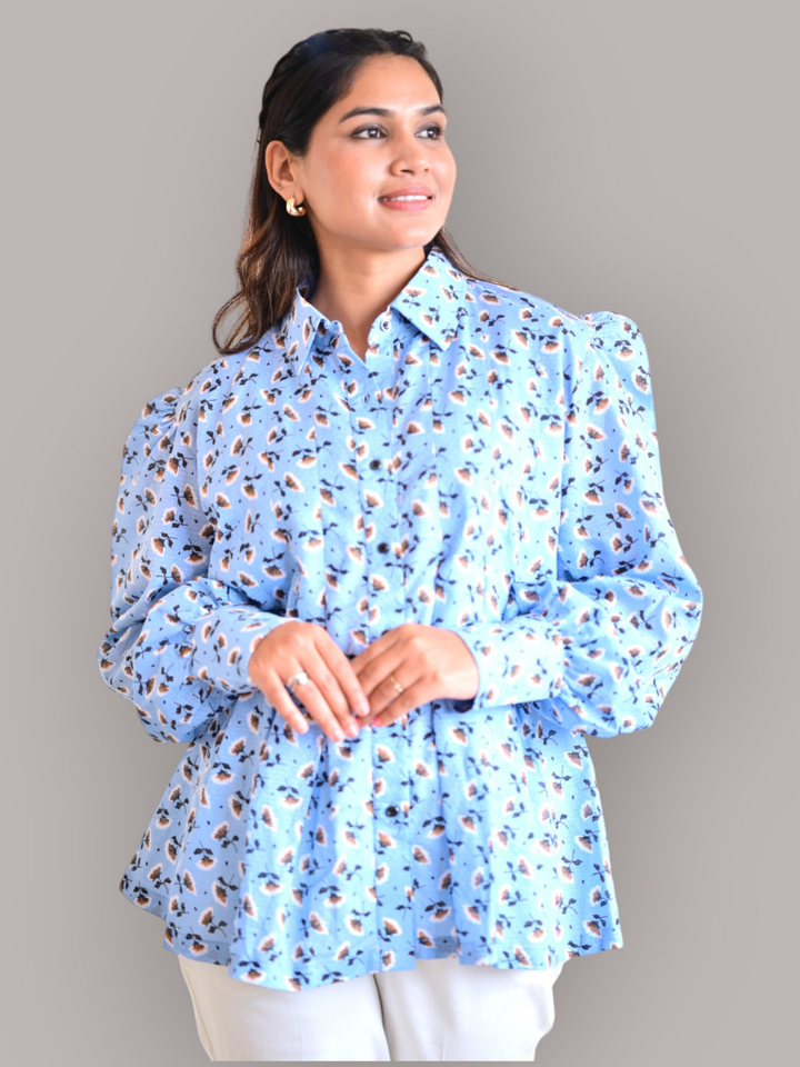 Skyflower A Blooming Blue Shirt, cotton linen Shirts, blue shirts, printed shirts 