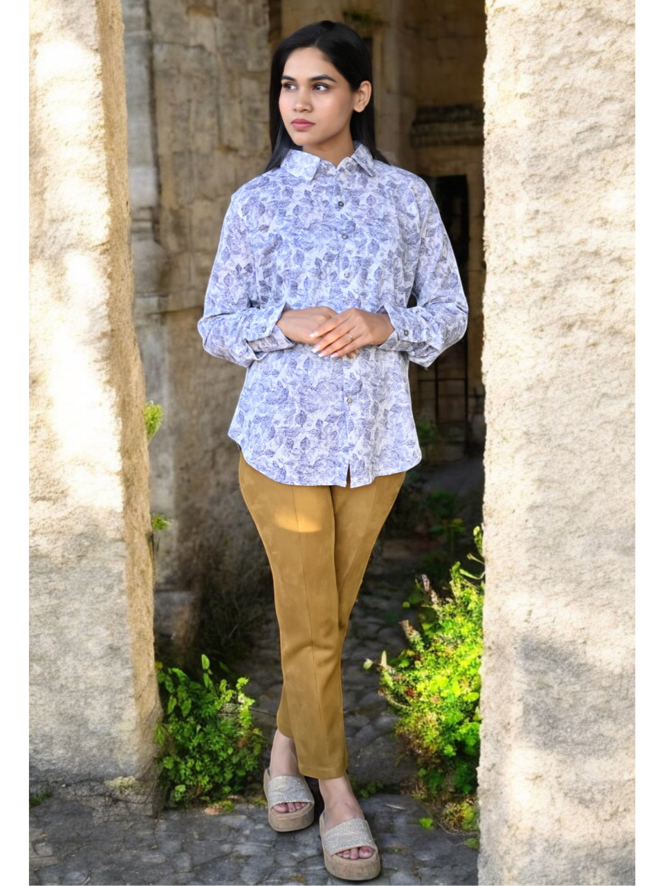 Serene Floral Linen Shirt, linen shirts for women, white shirts, printed shirts