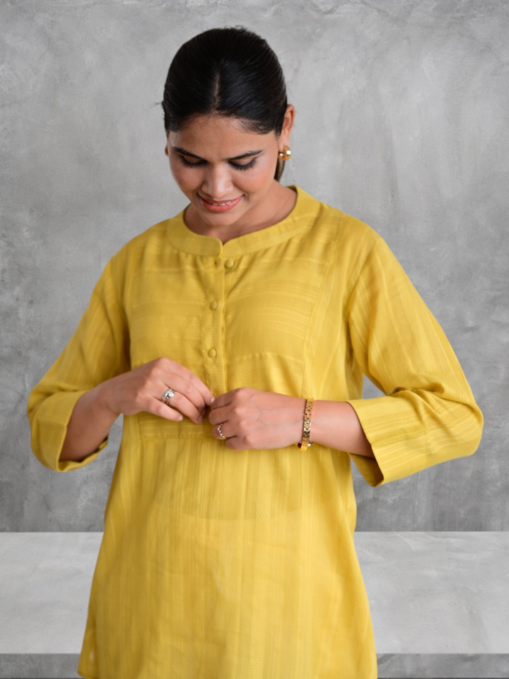 Golden Weave Mustard Kurti Top, dabu cotton top, mustard top