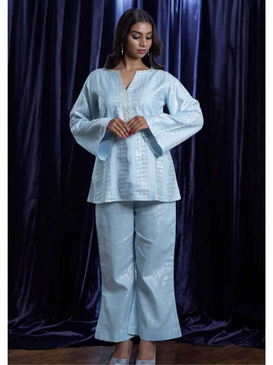  Radiant Sky Blue Set, chanderi co ord set, sky blue co ord set, party wear co ord
