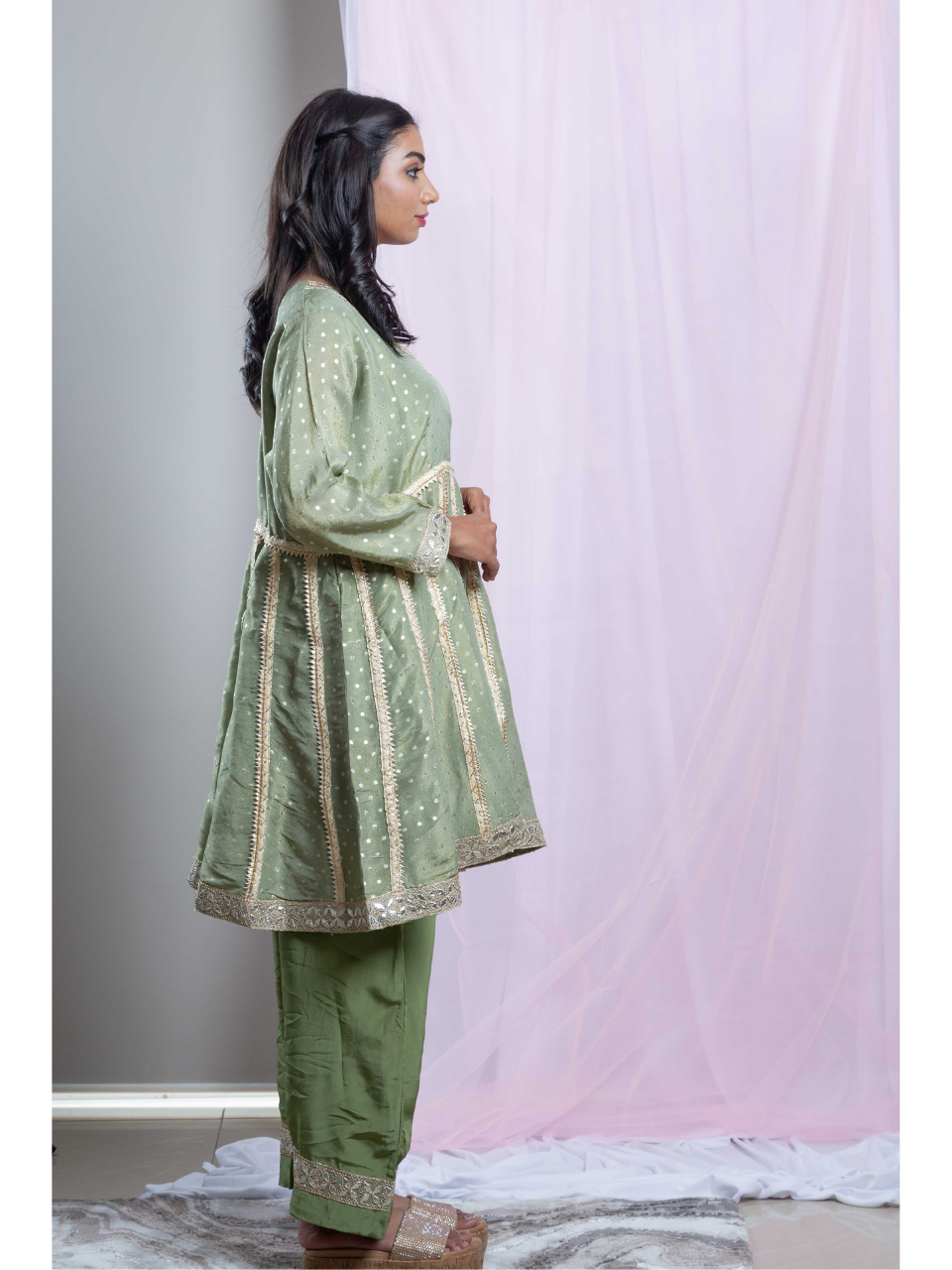 Graceful Embroidered Kurti Set, chanderi silk co ord set, olive green co ord set, party wear co ord
