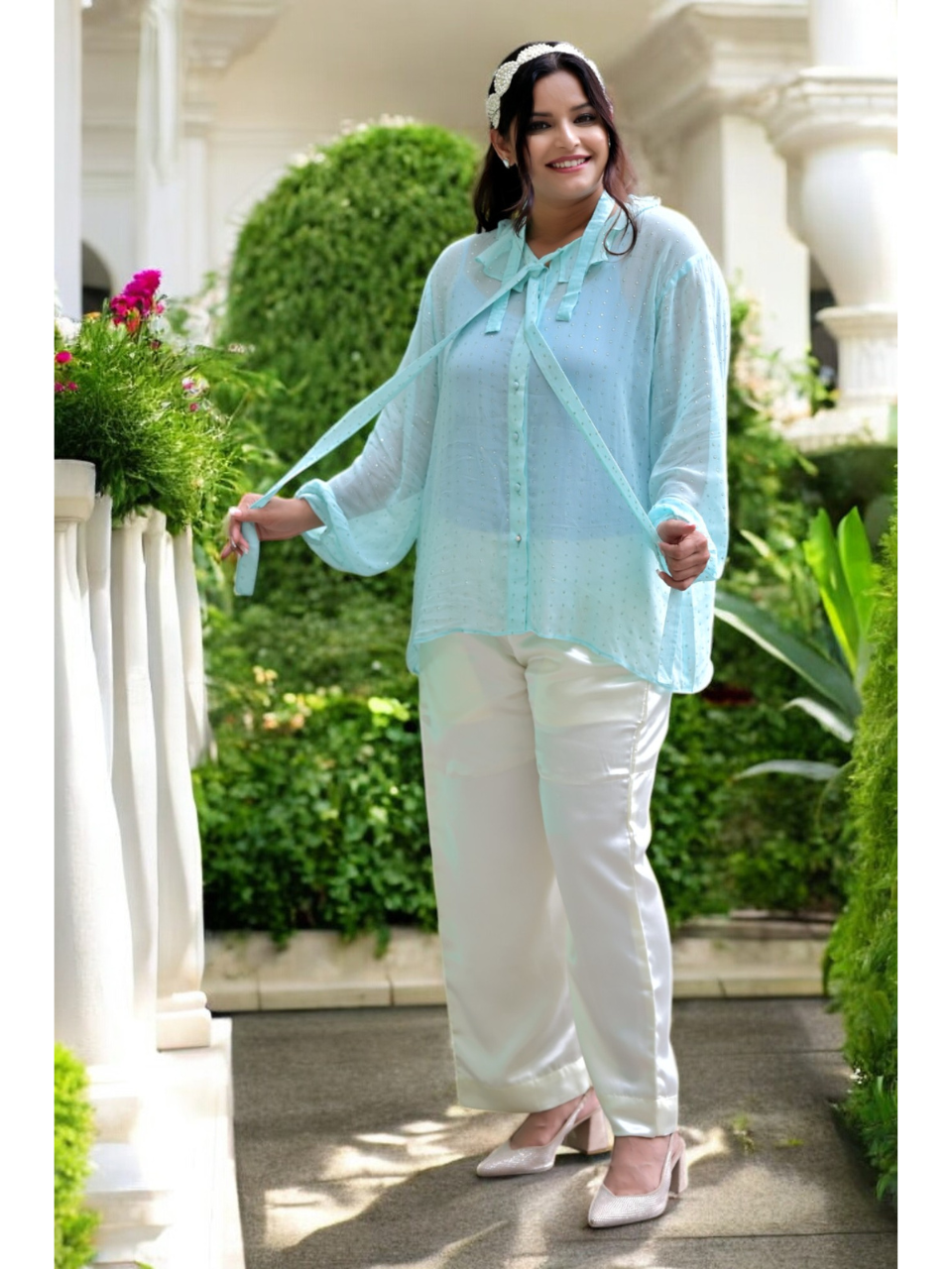 Breezy Elegance Georgette Shirt, blue green shirt, georgette shirt, lace shirt