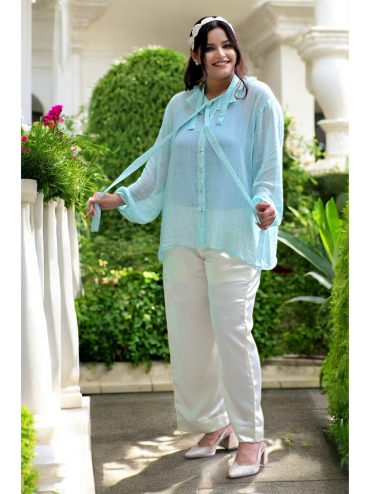 Breezy Elegance Georgette Shirt, blue green shirt, georgette shirt, lace shirt