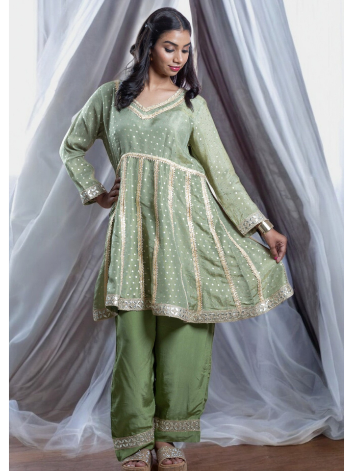 Graceful Embroidered Kurti Set, chanderi silk co ord set, olive green co ord set, party wear co ord
