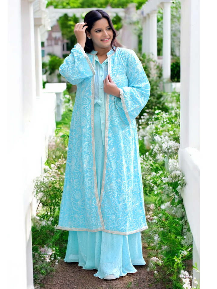 Skyline Embroidered Overlay Shrug, blue shrug, jacket, georgette shrug