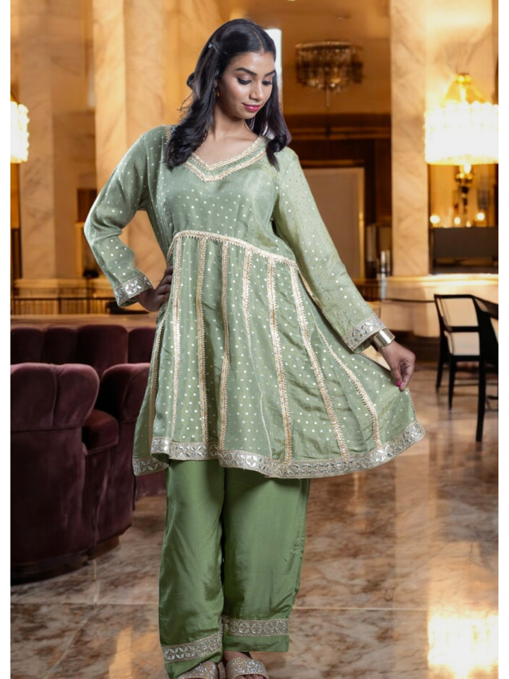 Graceful Embroidered Kurti Set, chanderi silk co ord set, olive green co ord set, party wear co ord
