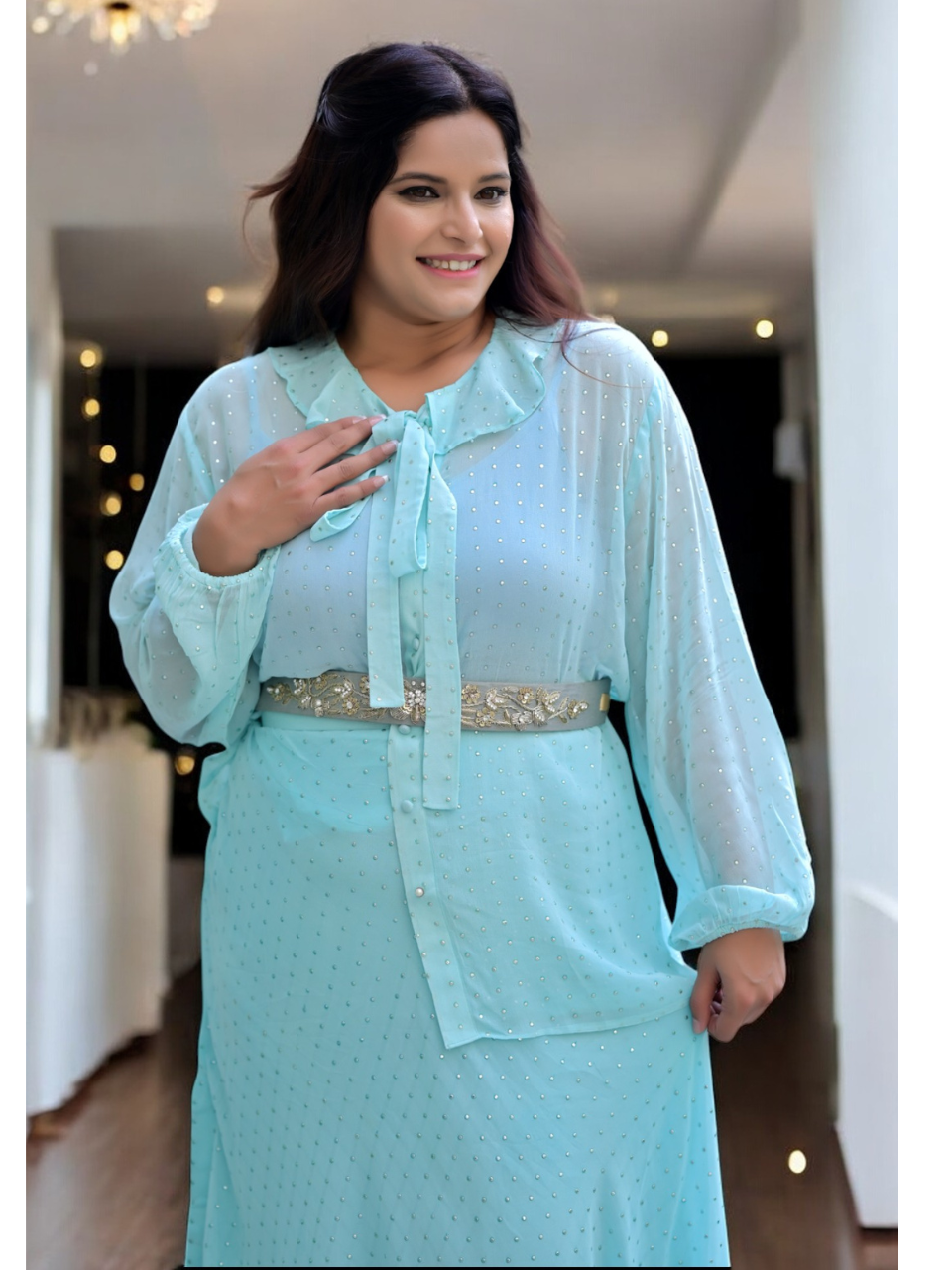 Breezy Elegance Georgette Skirt Set, blue green skirt set, georgette co ord set, sky blue set