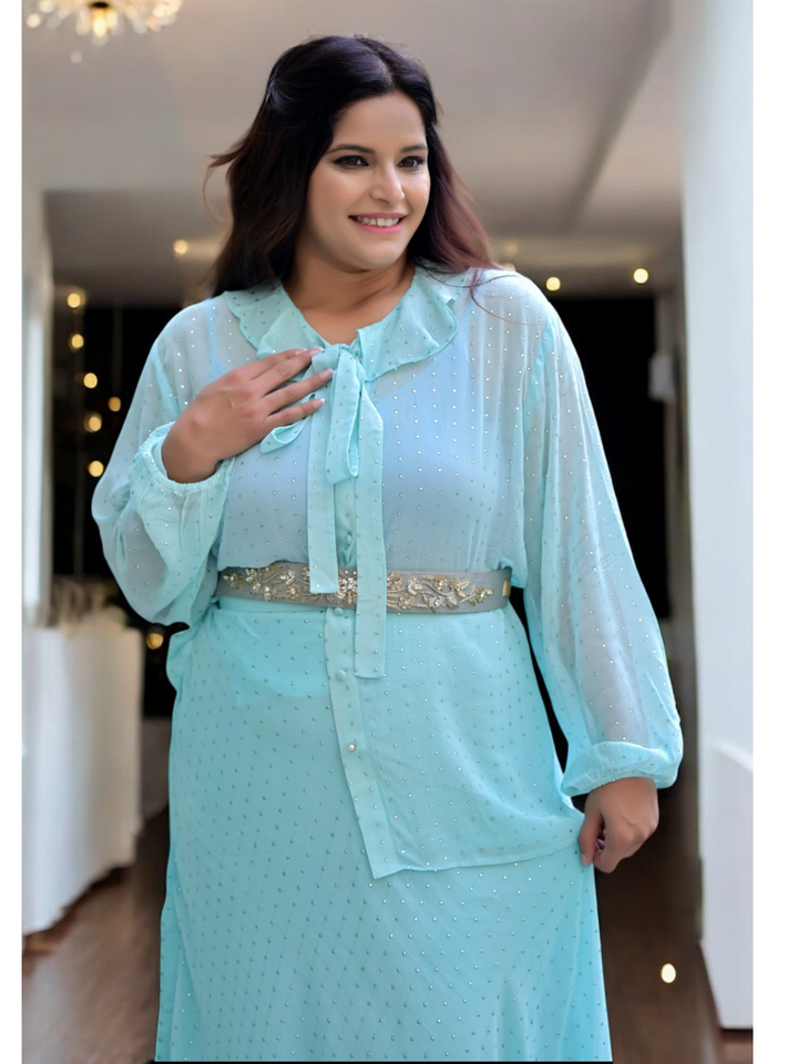 Breezy Elegance Georgette Skirt Set, blue green skirt set, georgette co ord set, sky blue set