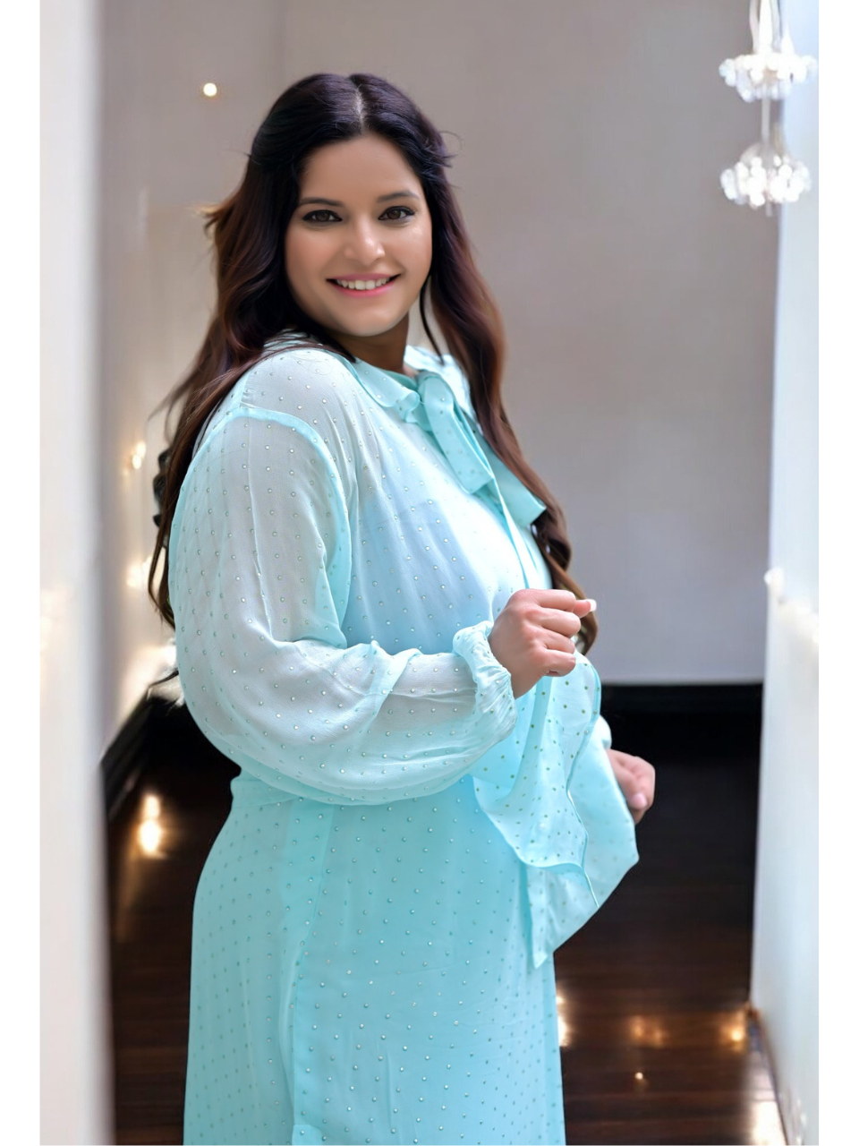 Breezy Elegance Georgette Skirt Set, blue green skirt set, georgette co ord set, sky blue set